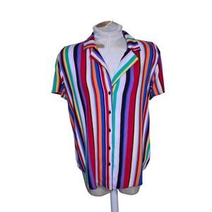 Forever 21‎ Striped Blouse Button Up Short Sleeve Shirt Womens medium colorful